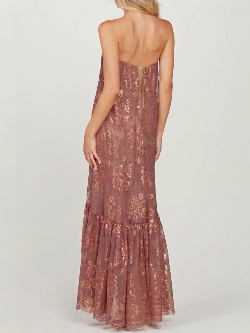Helsi Cara Women’s Strapless Metallic Burgundy Gold Lace Maxi Dress Size XS NEW - Picture 5 of 12
